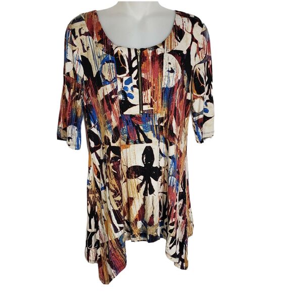 Cupio Womens Top Sz Small Multicolor Elbow Sleeve Shark Bite Hem 1/4 Zip Scoop - Picture 1 of 9